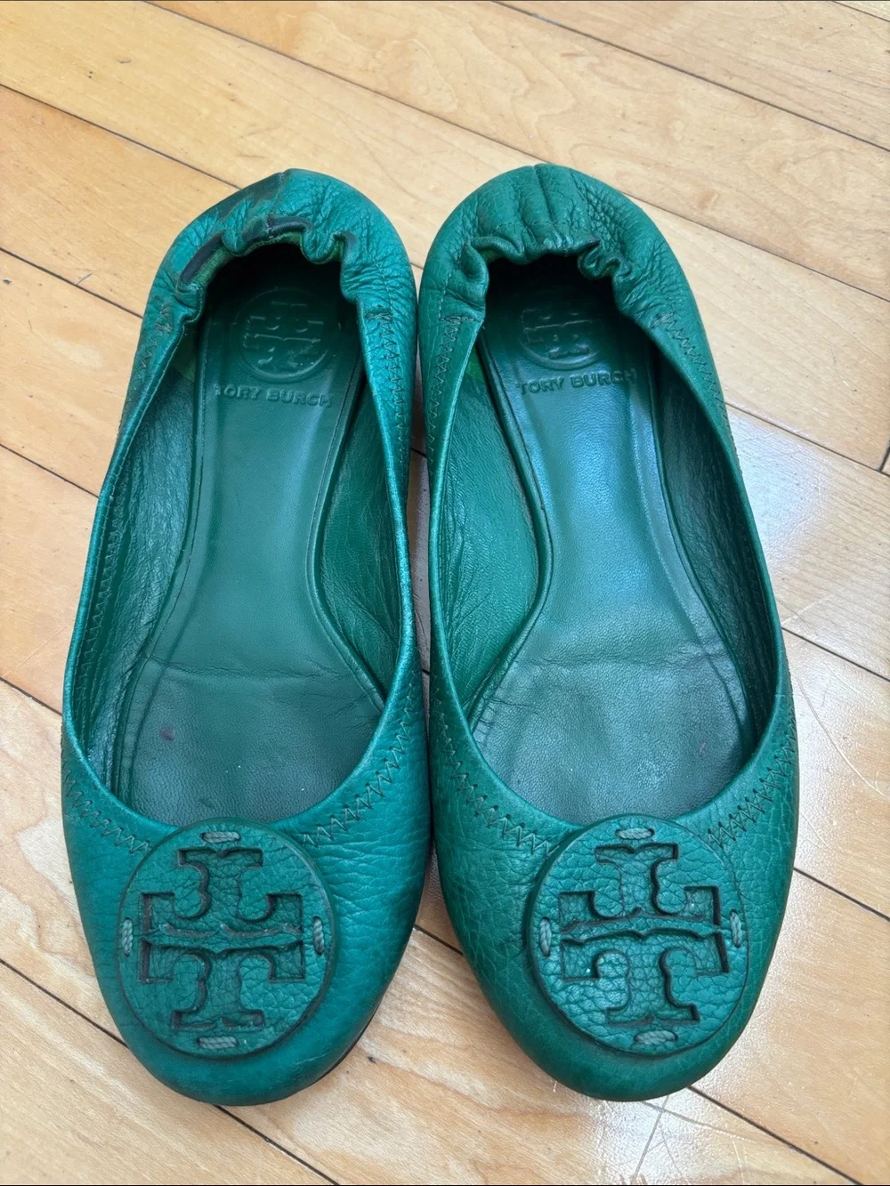Tory Burch Pebbled Leather Green Teal Reva ballet flat stretch shoe sz6